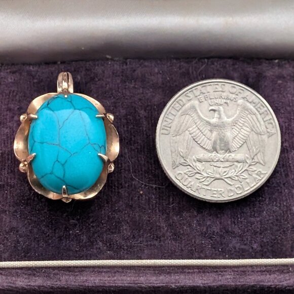 LARGE Russian Russia 14K Rose Pink Gold Turquoise Cabochon Pierced Earrings - Picture 5 of 15